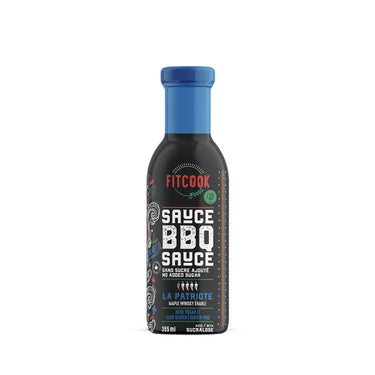 Bouteille de sauce bbq sans sucre whisky érable, la Patriote par FitCook Foodz.