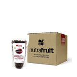 Caisse de sac de 1 g de canneberges enrobées de chocolat noir par CANNE BERGE. Aliments préparés au Québec par Nutra-Fruit.