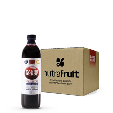 Caisse de 12 bouteilles de jus canneberge et bleuet 100% pur par CANNE BERGE. Aliments préparés au Québec par Nutra-Fruit.
