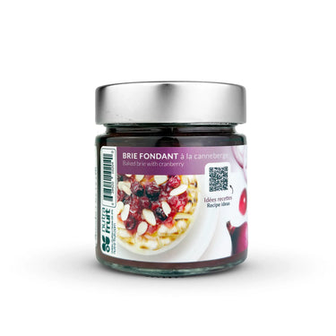 Pot montrant une recette de brie fondant fait avec le confit d'oignon et canneberge par CANNE BERGE par Nutra-Fruit.