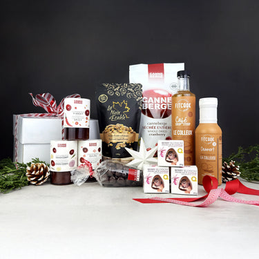 Ensemble cadeau de 9 produits Nutra-Fruit, contenant des berry blossom, canneberge enrobée de chocolat noir, La Noix d'Érable et FitCook Foodz.