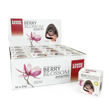 Boîte de 32 berry blossom, firandise de canneberge enrobée de chocolat noir dans son marasquin d'amaretto sans alcool Sobr.