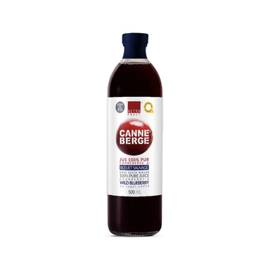 bouteille de jus canneberge et bleuet 100% pur par CANNE BERGE. Aliments préparés au Québec par Nutra-Fruit.