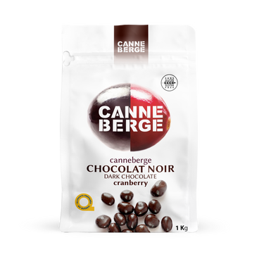 Sac 1 kg de canneberges enrobées de chocolat noir par CANNE BERGE. Aliments préparés au Québec par Nutra-Fruit