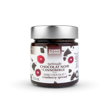 Pot de tartinade de chocolat noir et canneberge par CANNE BERGE. Aliments du Québec par Nutra-Fruit.