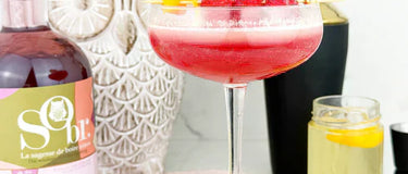 Verre de tonic d'athéna et une bouteille de gin fruité litchi framboise sans alcool par SObr.